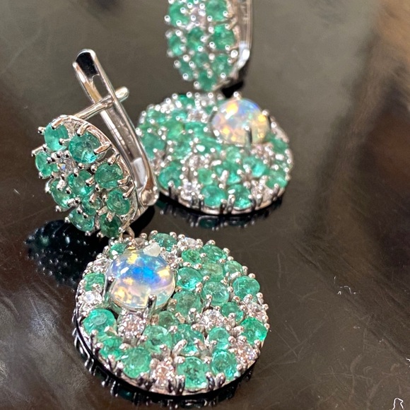 Fascinating Genuine Emerald Fire Opal Earrings - Picture 14 of 17